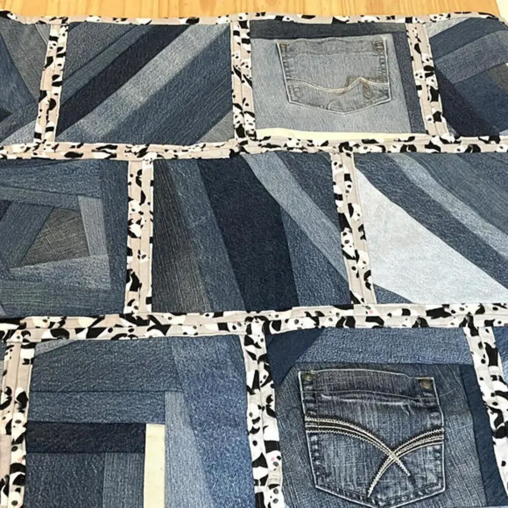 Handmade Denim‎ Quilt Panda Print Flannel on Reverse Heavy Blanket 46 x 42